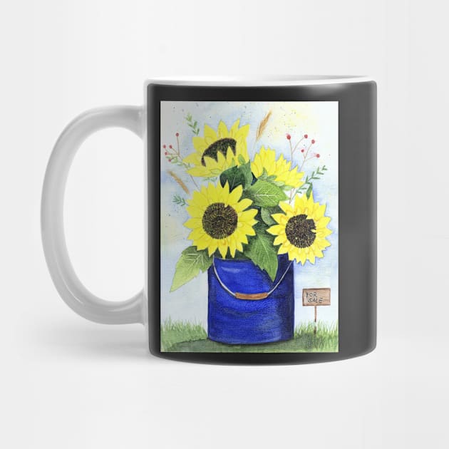 Sunflowers in a bucket watercolor painting by Sandraartist